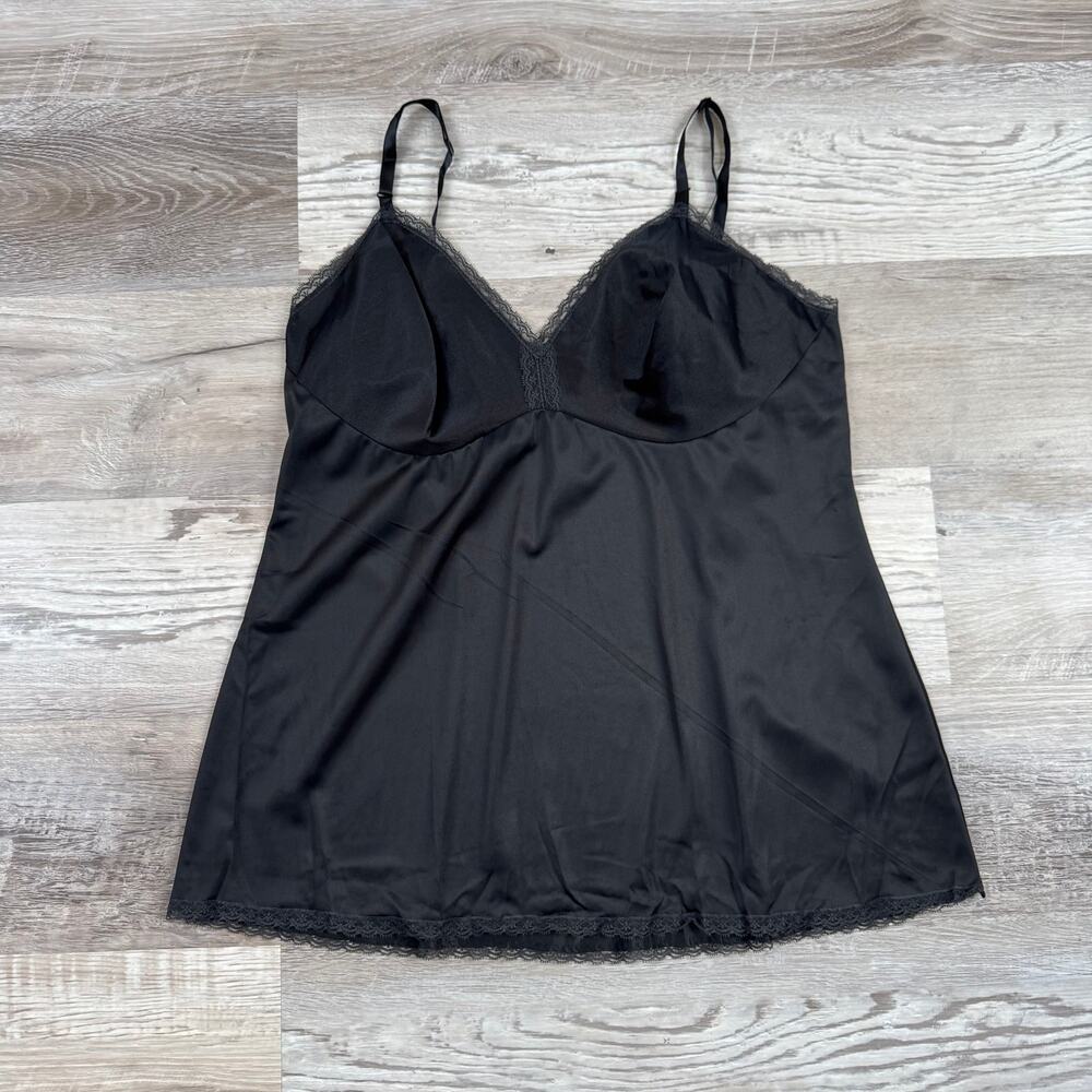 Vintage 90s Black Satin Lace Camisole Slip Top Soft Grunge Y2K Large